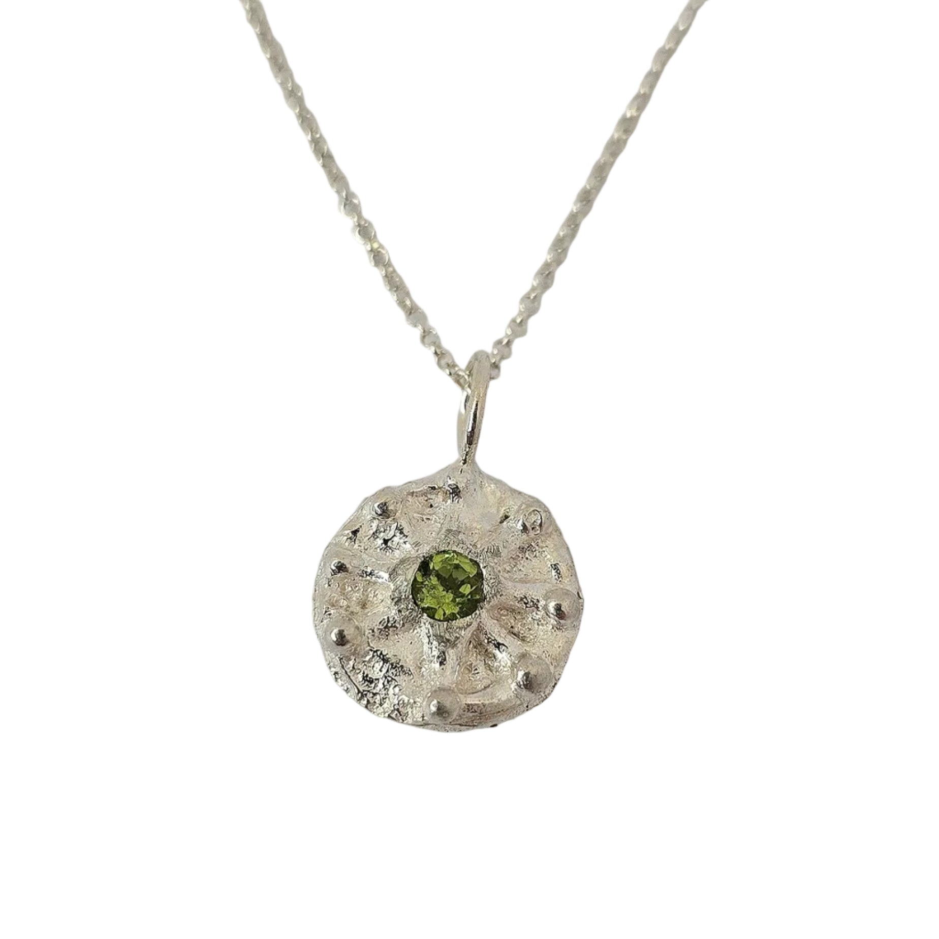 Silver pendant with a green peridot gemstone, bohemian, unique, irish necklace
