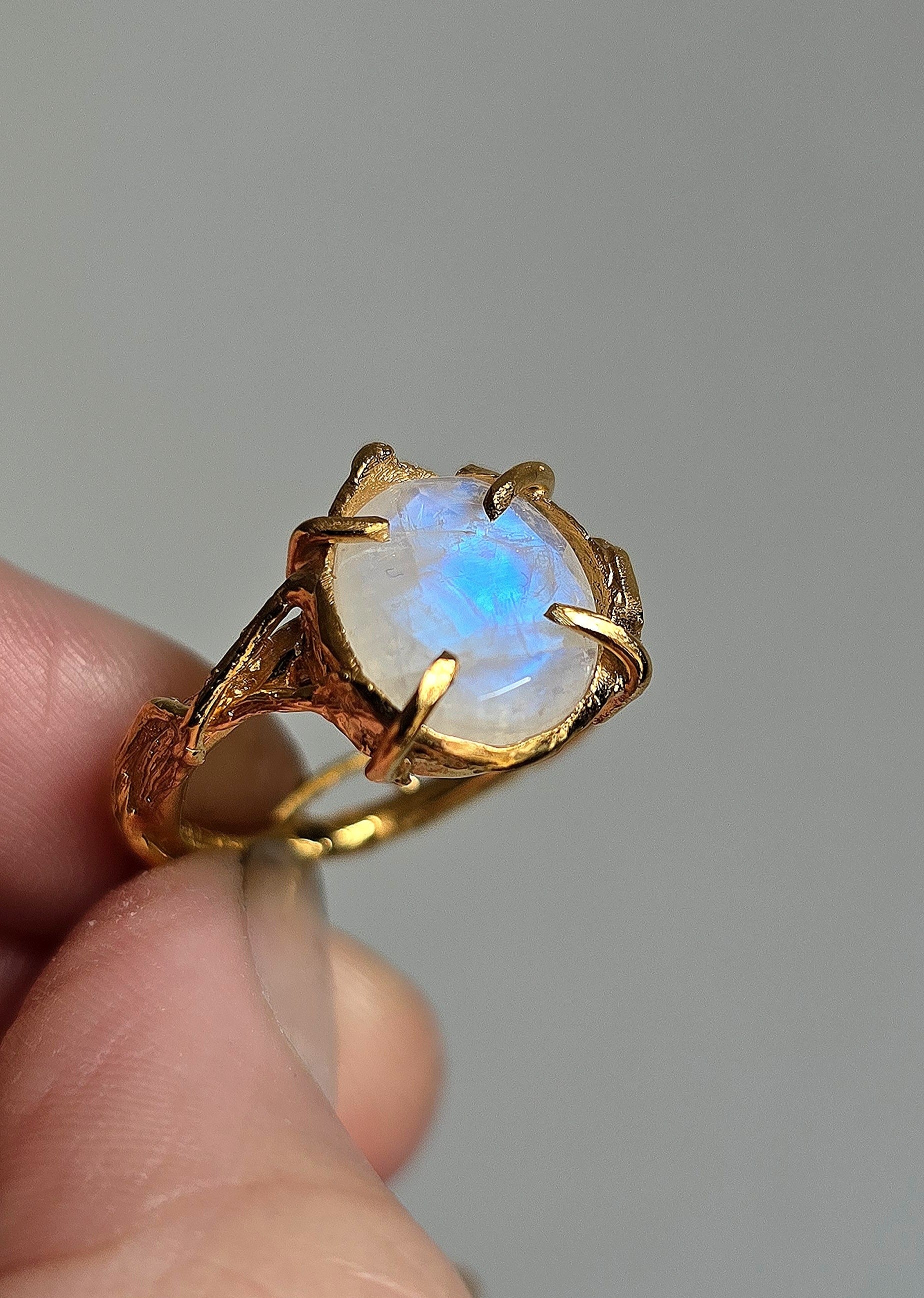 Handmade Moonstone Aeris Ring in 18ct Yellow Gold plated with natural tendrils