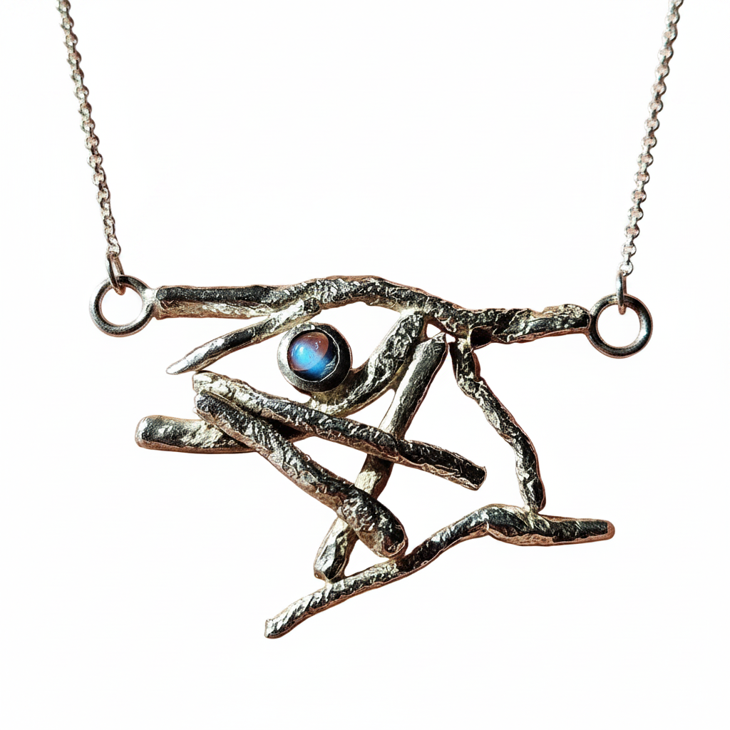 Silver necklace with a unique pendant on a white background