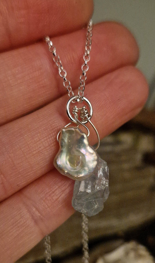 Ready to Wear Pearl & Raw Aquamarine Pendant #4