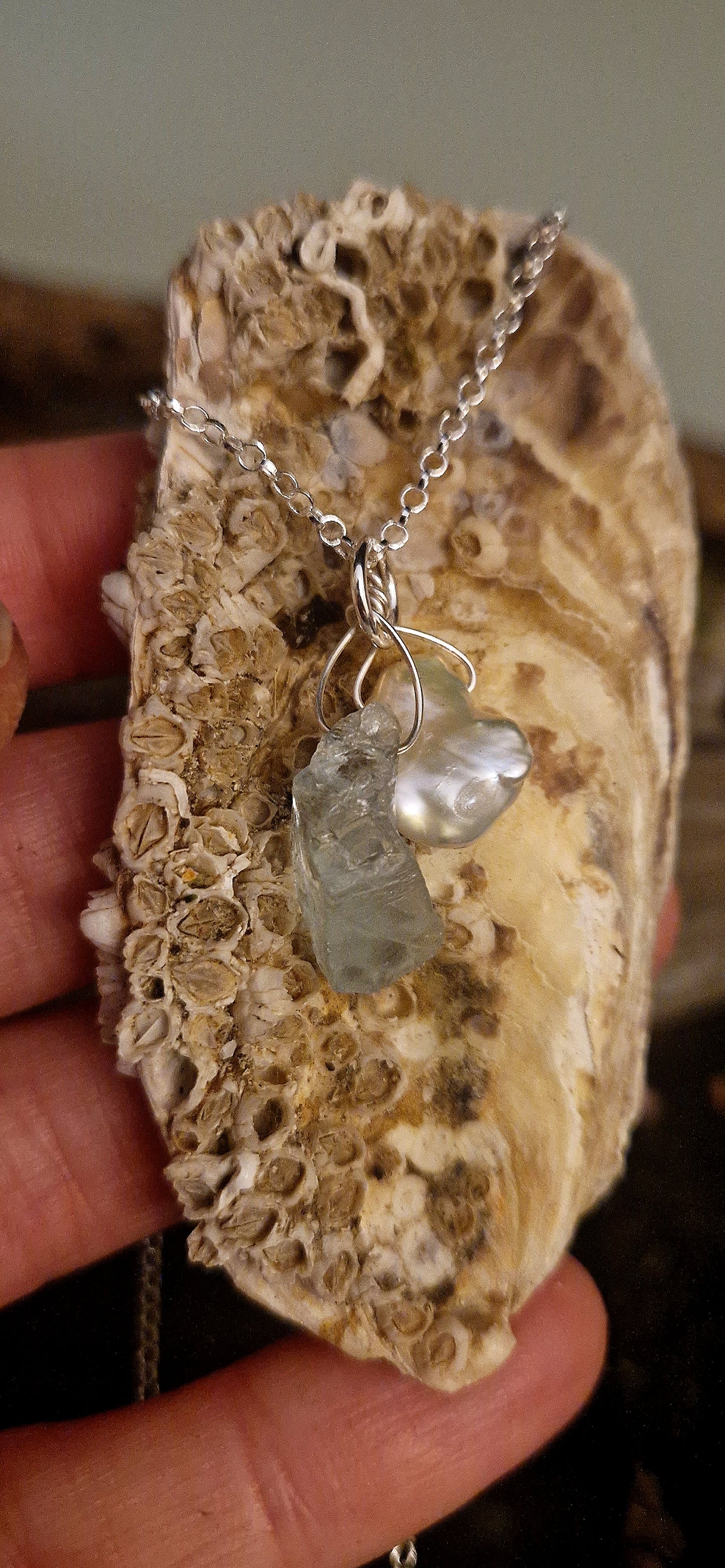 Ready to Wear Pearl & Raw Aquamarine Pendant #4