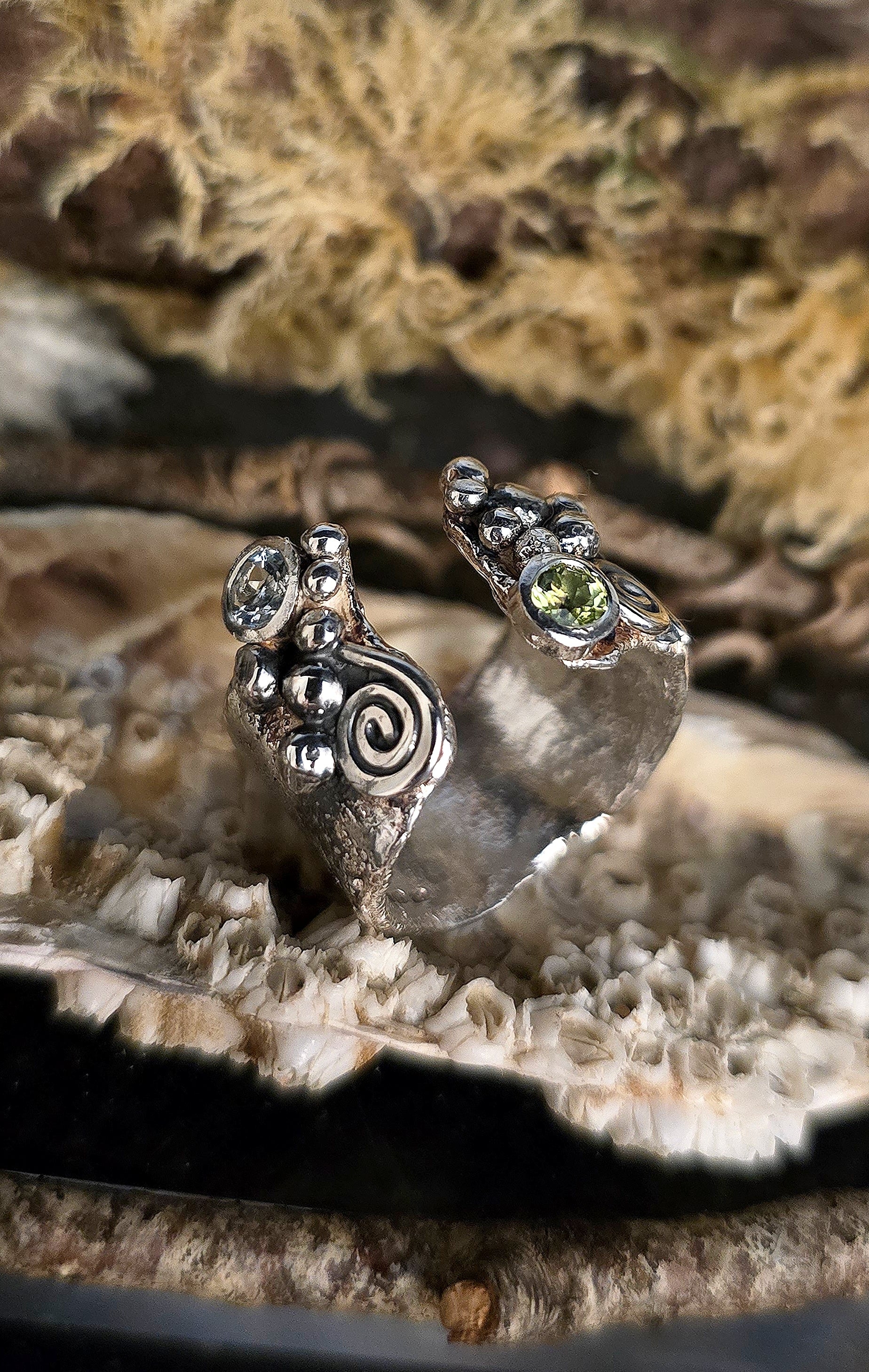 Peridot  & Aquamarine Mermaid Ring in sterling silver inspired by irish mythlogy
