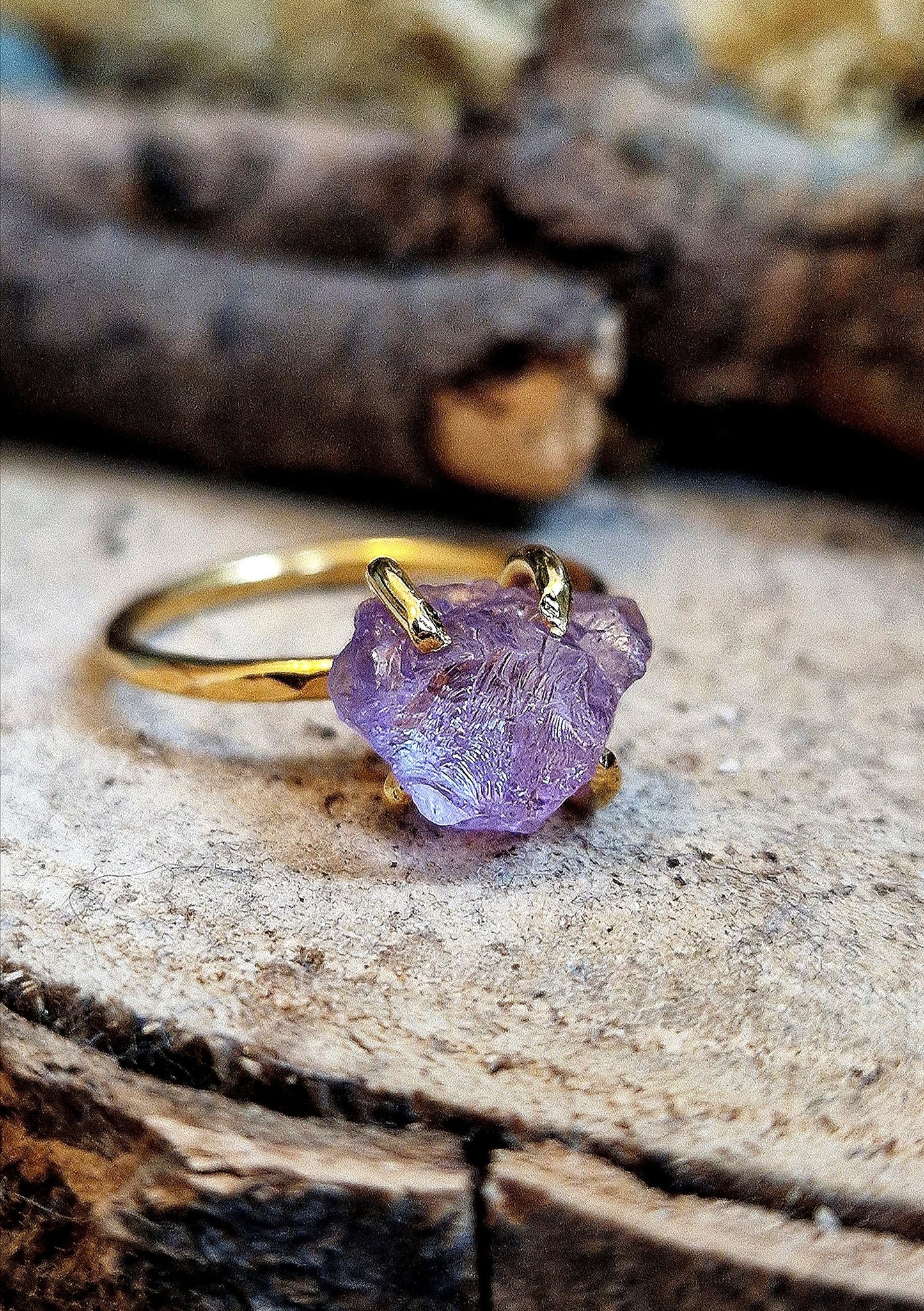 Ready to Wear Raw Amethyst & Gold Rock Ring