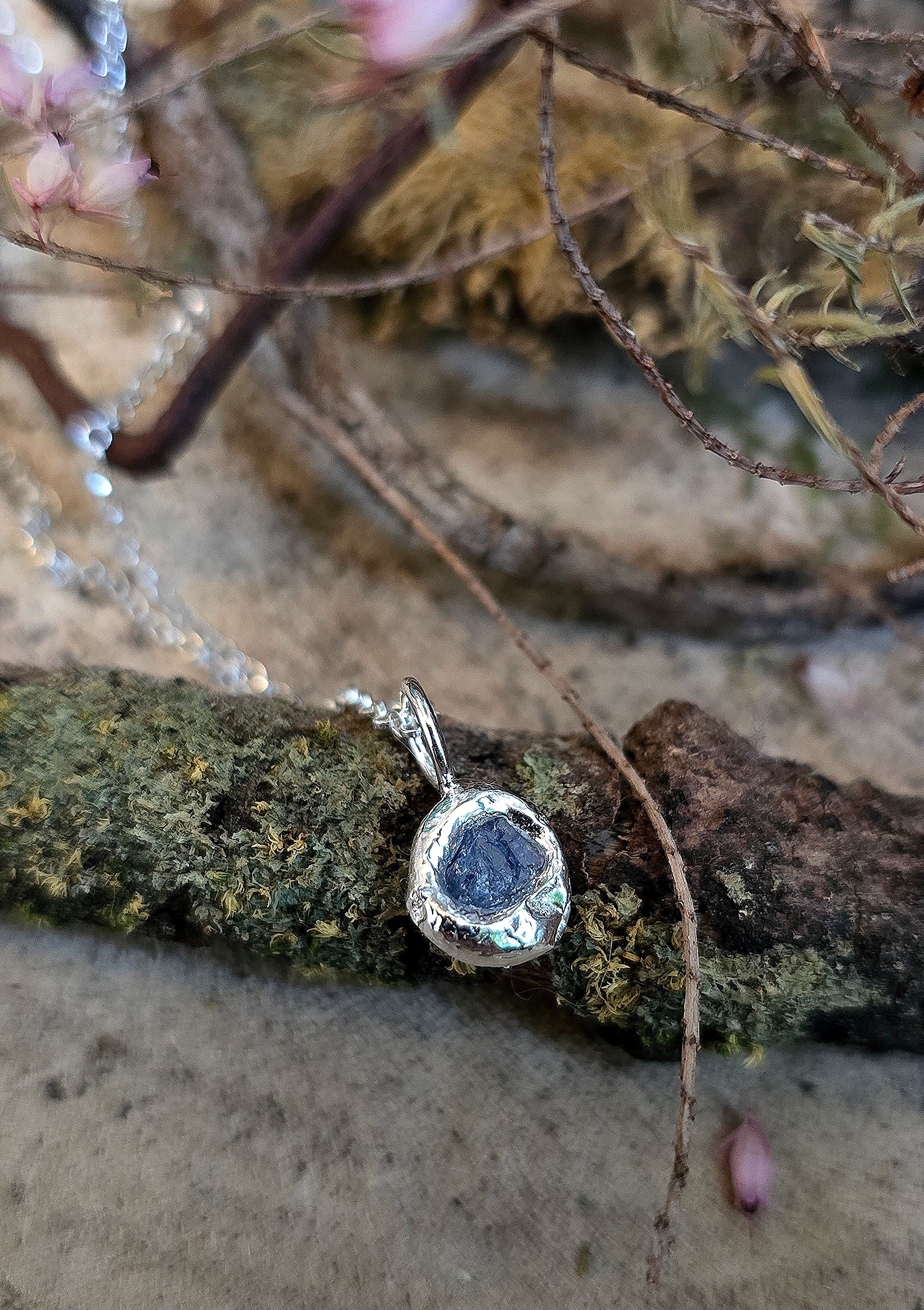 Raw Sapphire Sterling Silver Melt Pendant handmade in Northern Ireland