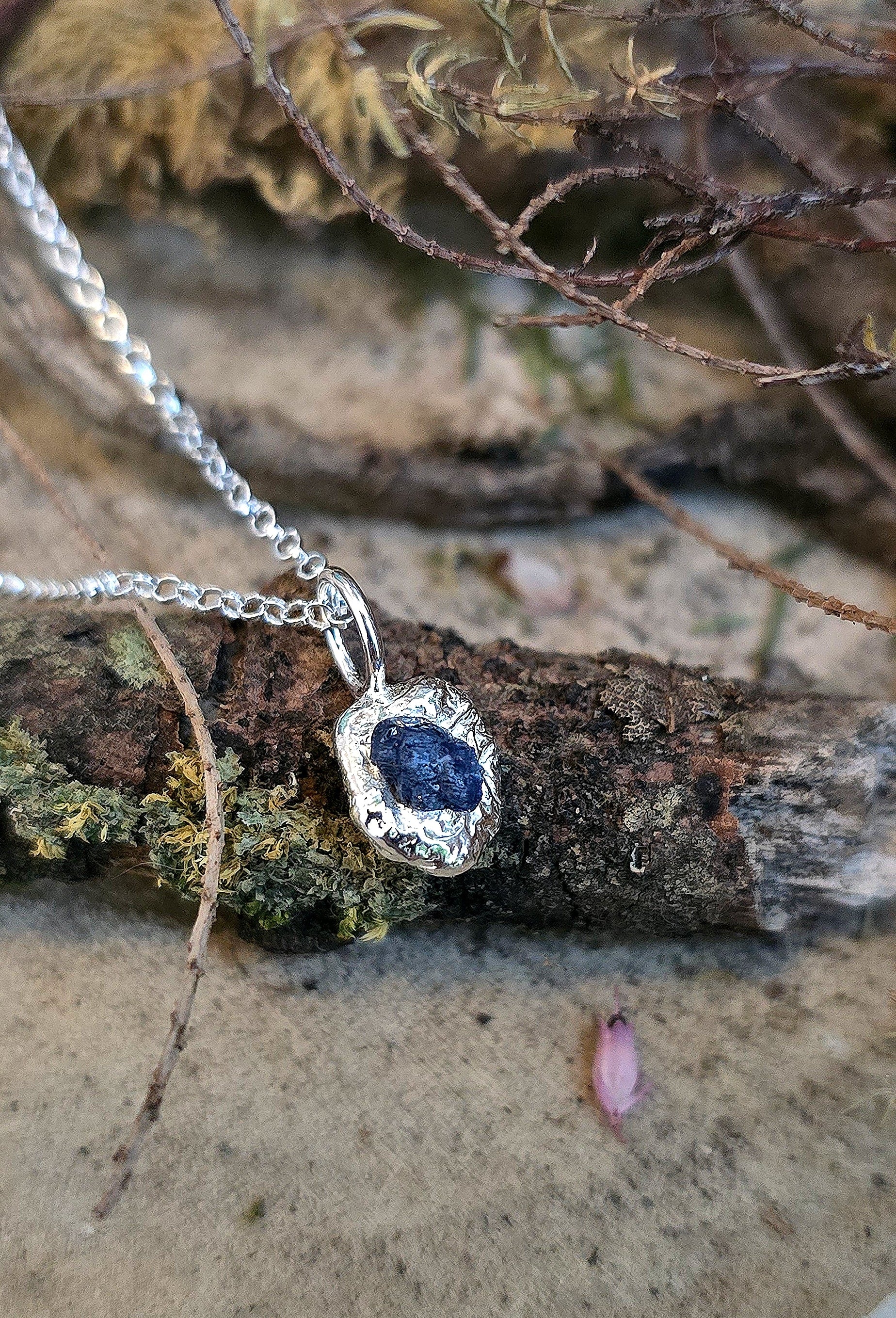 Raw Sapphire Sterling Silver Melt Pendant handmade in Ireland