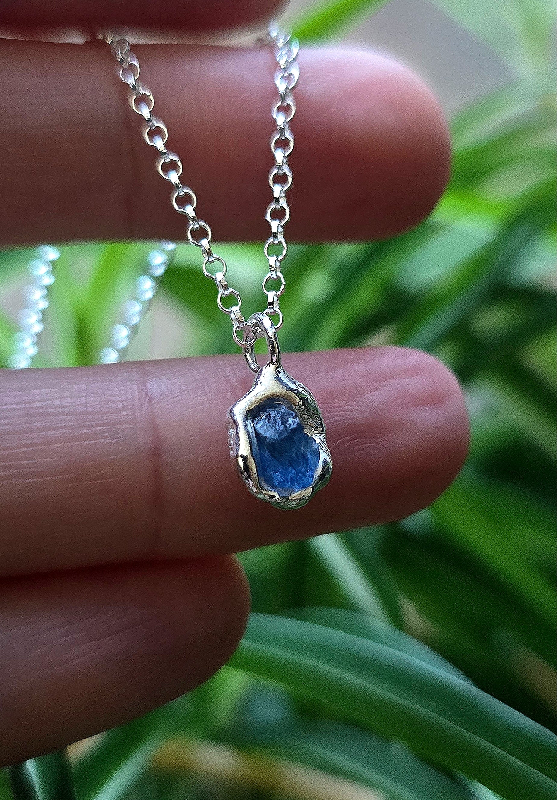Sterling Silver boho necklace pendant with raw gemstone sapphire set in place.  Irish handmade