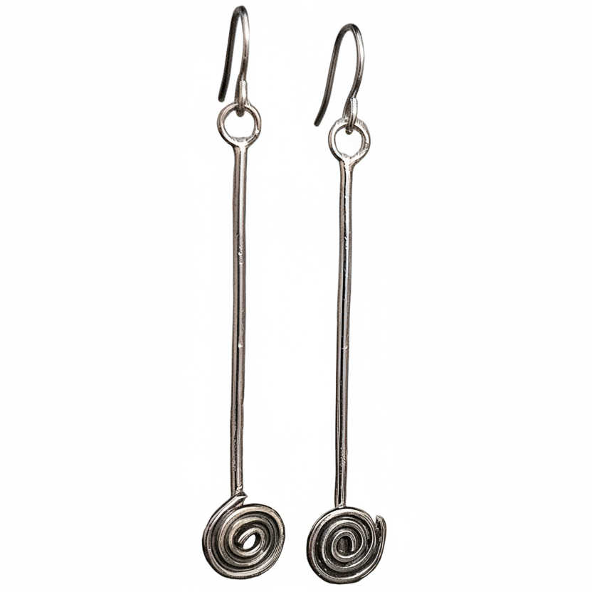 Pair of silver spiral earrings on a white background