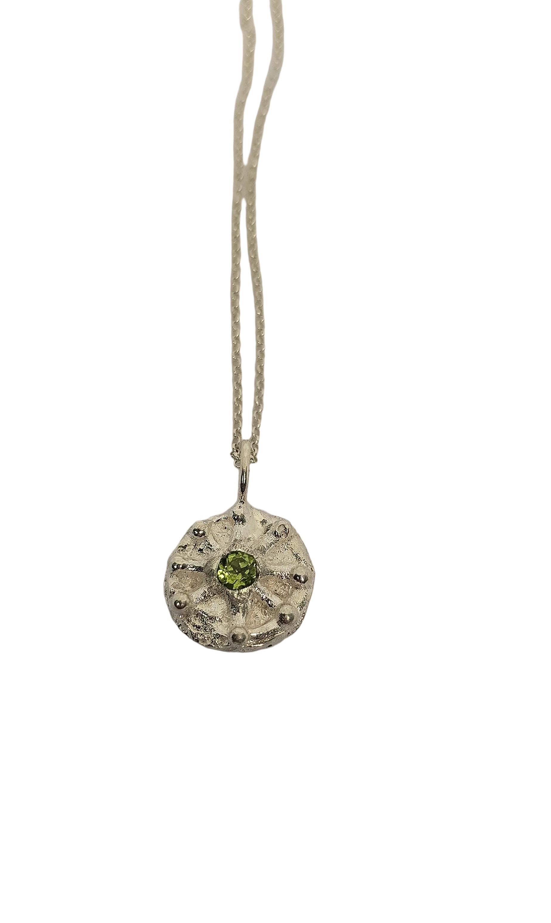 Necklace with a circular pendant featuring a green garnet  gemstone,  bohemian necklace, pagan jewellery, irish made