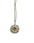 Necklace with a circular pendant featuring a green garnet  gemstone,  bohemian necklace, pagan jewellery, irish made