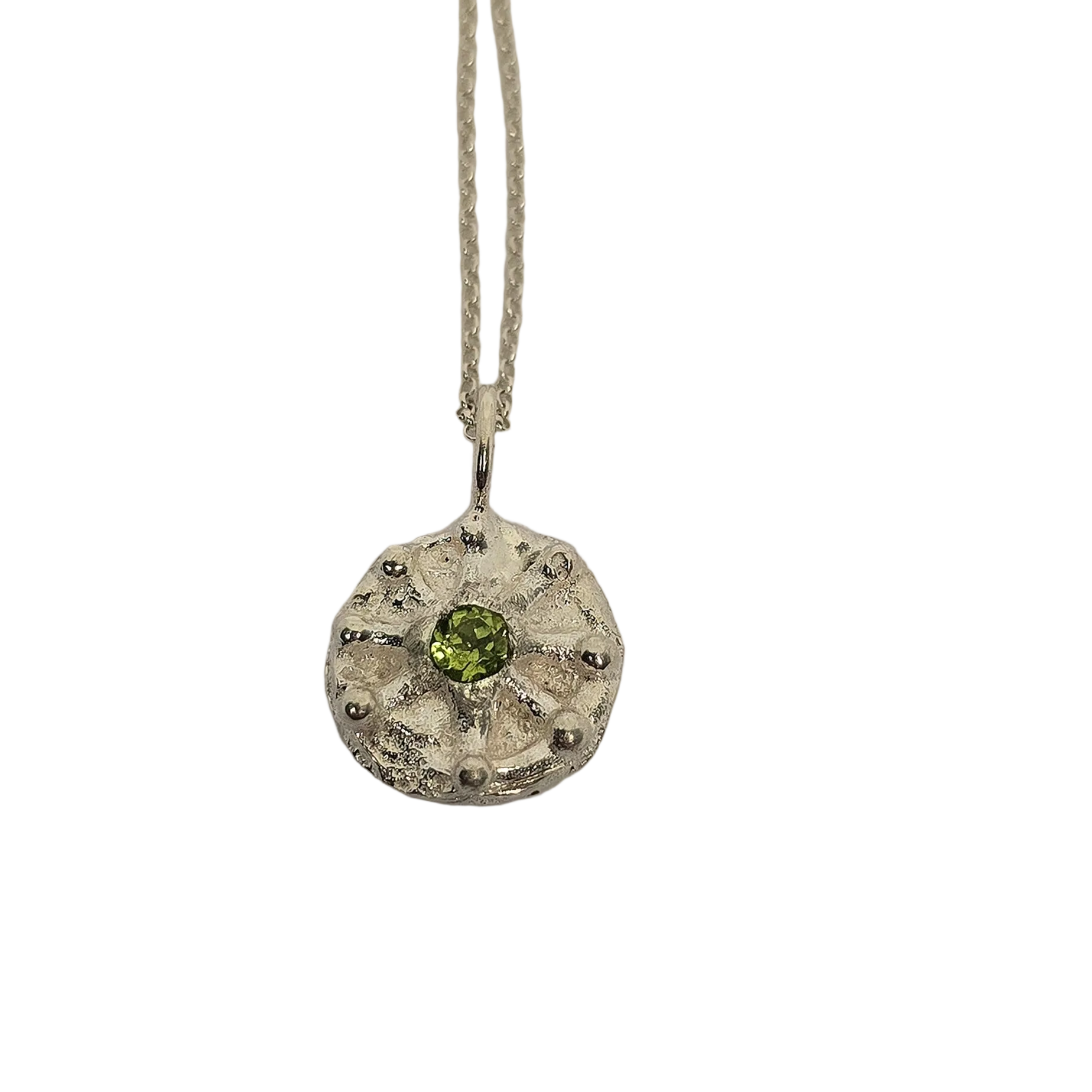 Silver pendant with a green peridot gemstone hand made in Belfast, bohemian jewellery, pagan jewellery