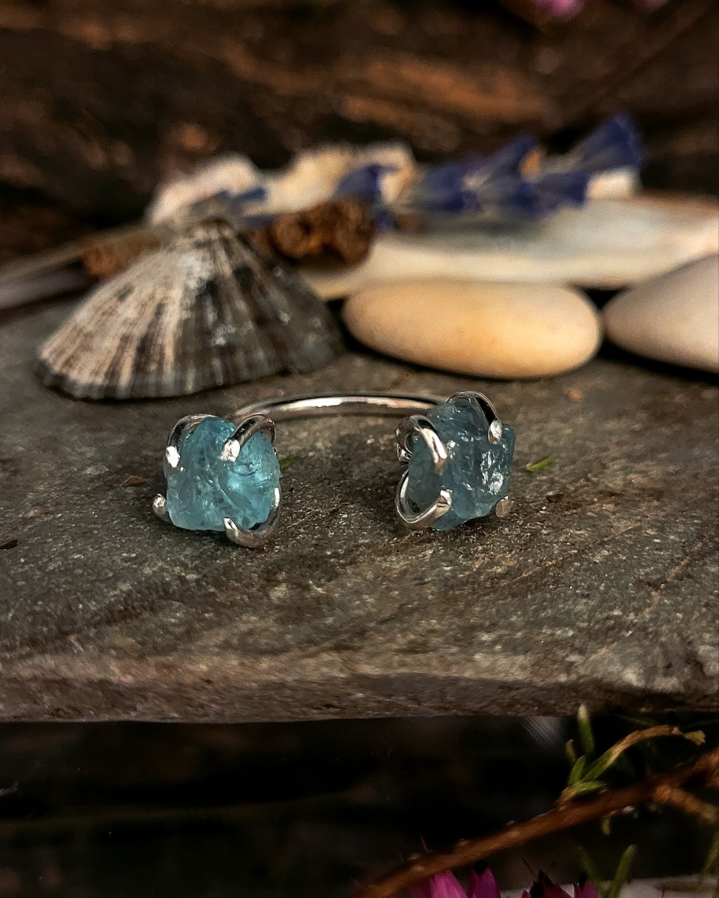 Twin Flame Ring - Raw Blue Apatite